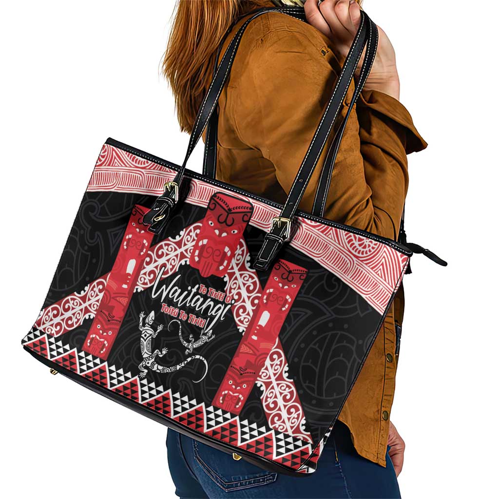 Toitu Te Tiriti O Waitangi Leather Tote Bag Maori Wharenui With Taniko Motifs LT14 - Polynesian Pride