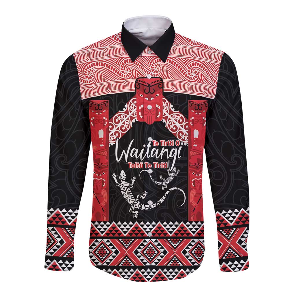 Toitu Te Tiriti O Waitangi Long Sleeve Button Shirt Maori Wharenui With Taniko Motifs LT14 Unisex Red - Polynesian Pride