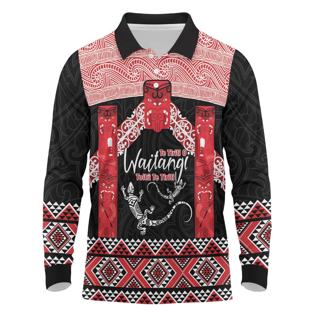 Toitu Te Tiriti O Waitangi Long Sleeve Polo Shirt Maori Wharenui With Taniko Motifs LT14 Red - Polynesian Pride