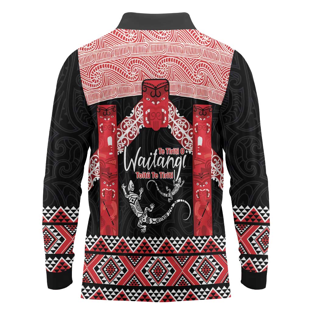 Toitu Te Tiriti O Waitangi Long Sleeve Polo Shirt Maori Wharenui With Taniko Motifs LT14 - Polynesian Pride