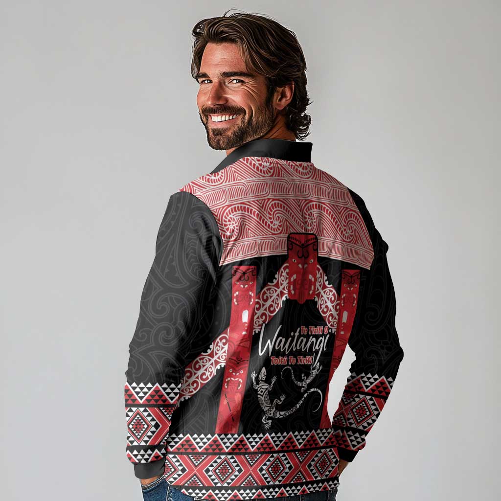 Toitu Te Tiriti O Waitangi Long Sleeve Polo Shirt Maori Wharenui With Taniko Motifs LT14 - Polynesian Pride