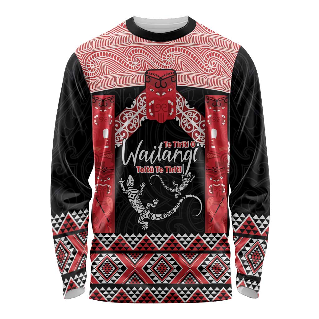 Toitu Te Tiriti O Waitangi Long Sleeve Shirt Maori Wharenui With Taniko Motifs LT14 Unisex Red - Polynesian Pride