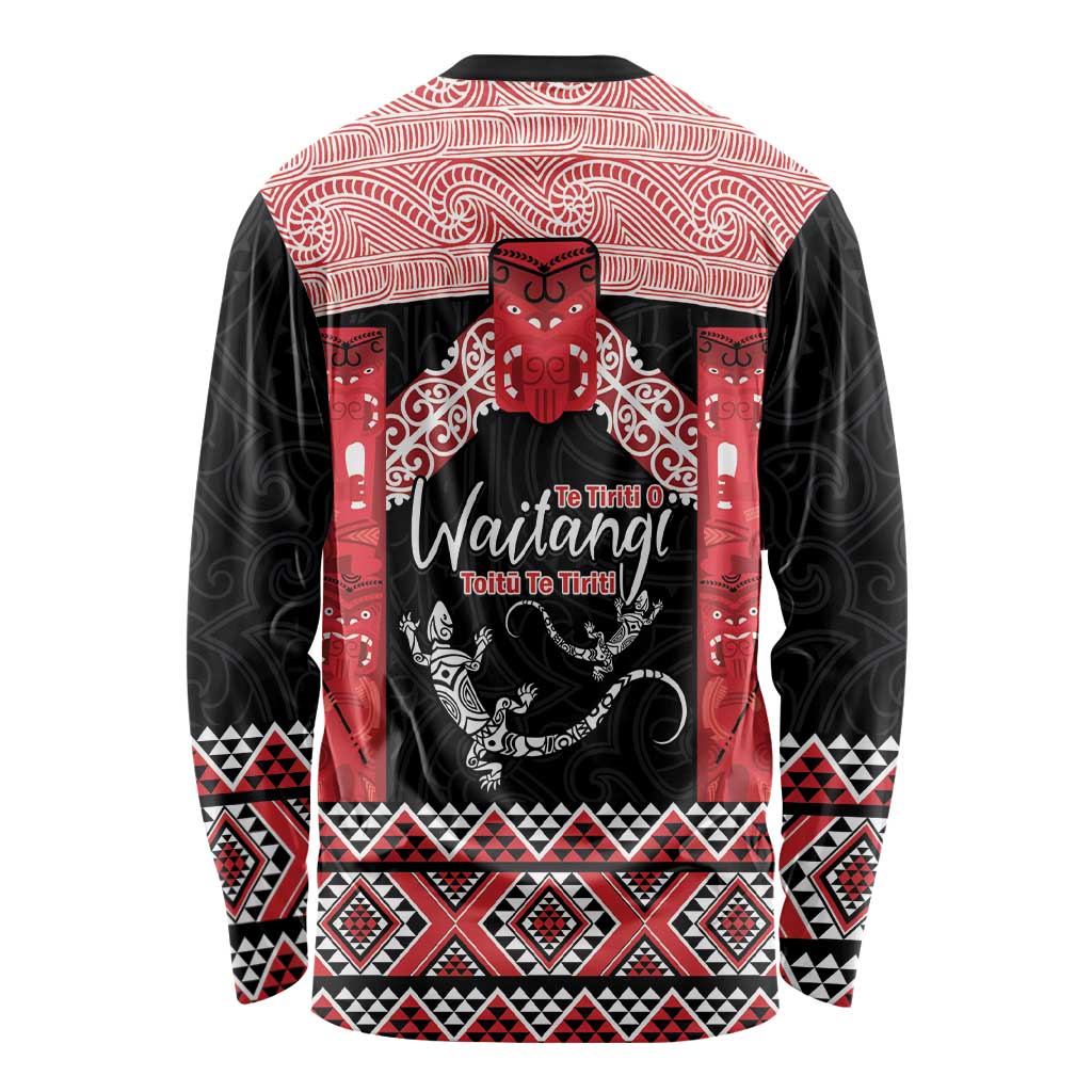 Toitu Te Tiriti O Waitangi Long Sleeve Shirt Maori Wharenui With Taniko Motifs LT14 - Polynesian Pride