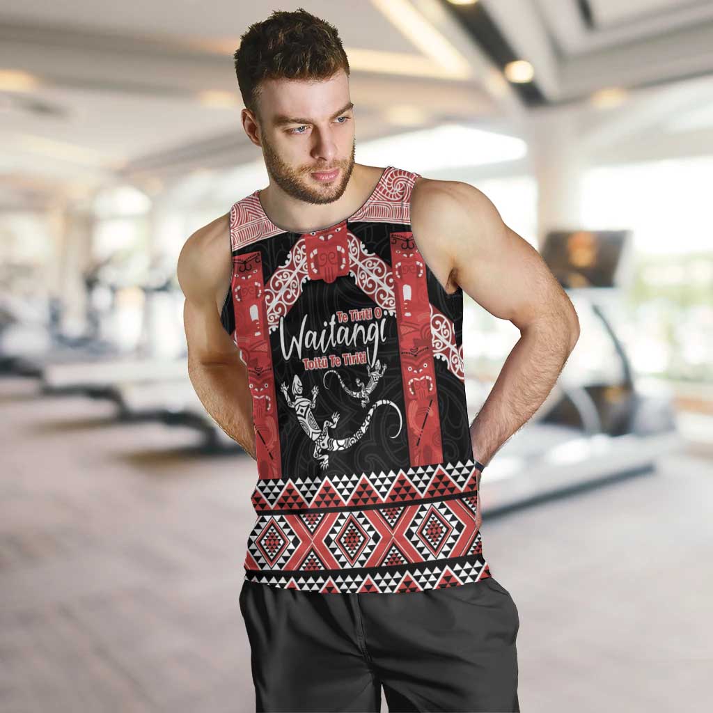 Toitu Te Tiriti O Waitangi Men Tank Top Maori Wharenui With Taniko Motifs LT14 Red - Polynesian Pride