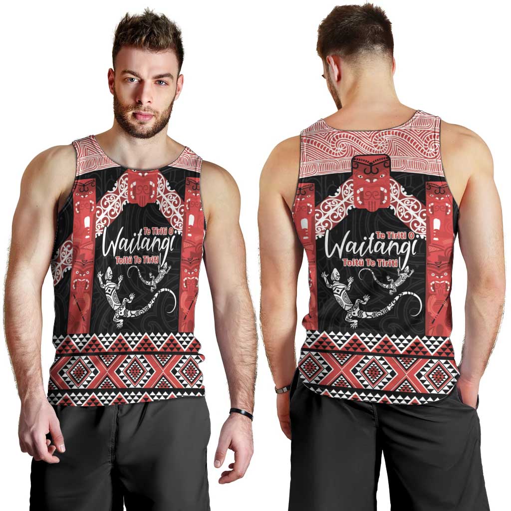 Toitu Te Tiriti O Waitangi Men Tank Top Maori Wharenui With Taniko Motifs LT14 - Polynesian Pride