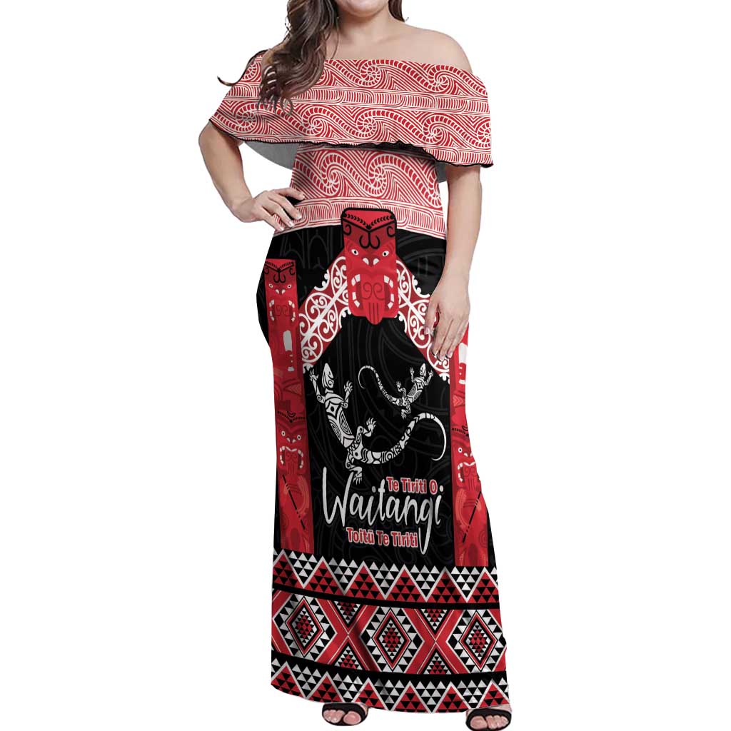 Toitu Te Tiriti O Waitangi Off Shoulder Maxi Dress Maori Wharenui With Taniko Motifs LT14 Women Red - Polynesian Pride
