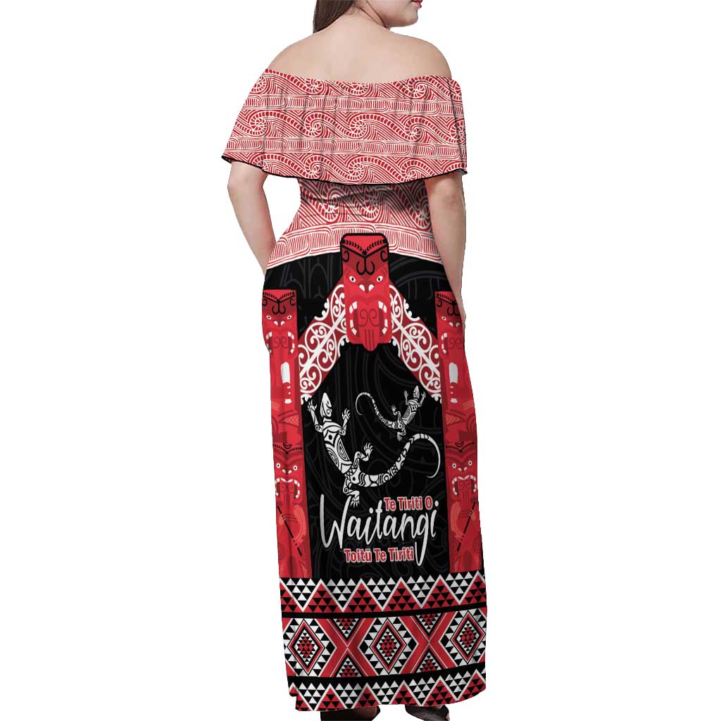 Toitu Te Tiriti O Waitangi Off Shoulder Maxi Dress Maori Wharenui With Taniko Motifs LT14 - Polynesian Pride