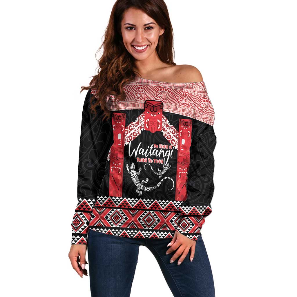 Toitu Te Tiriti O Waitangi Off Shoulder Sweater Maori Wharenui With Taniko Motifs LT14 Women Red - Polynesian Pride