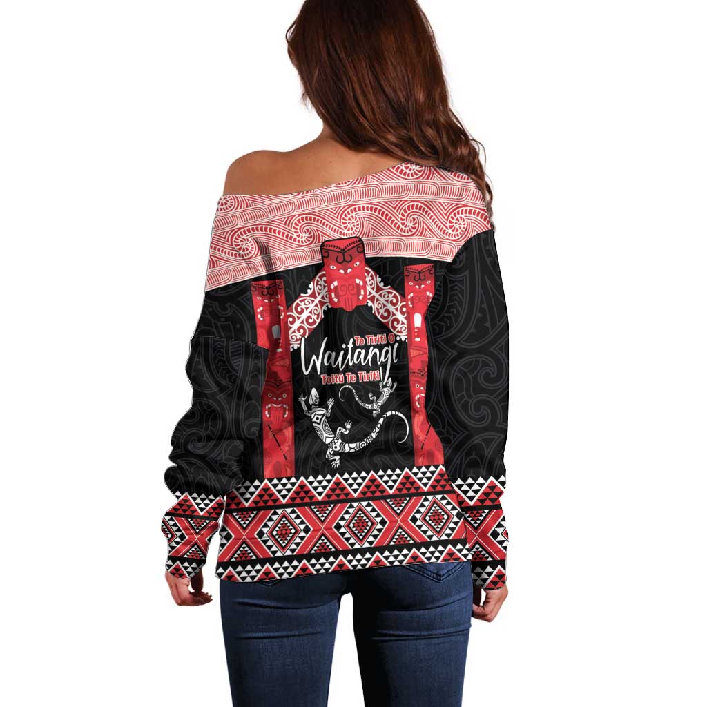 Toitu Te Tiriti O Waitangi Off Shoulder Sweater Maori Wharenui With Taniko Motifs LT14 - Polynesian Pride