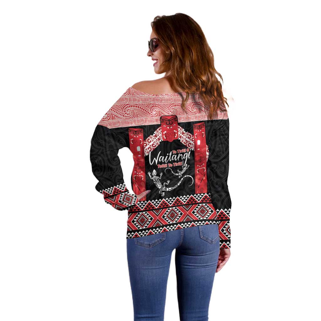 Toitu Te Tiriti O Waitangi Off Shoulder Sweater Maori Wharenui With Taniko Motifs LT14 - Polynesian Pride