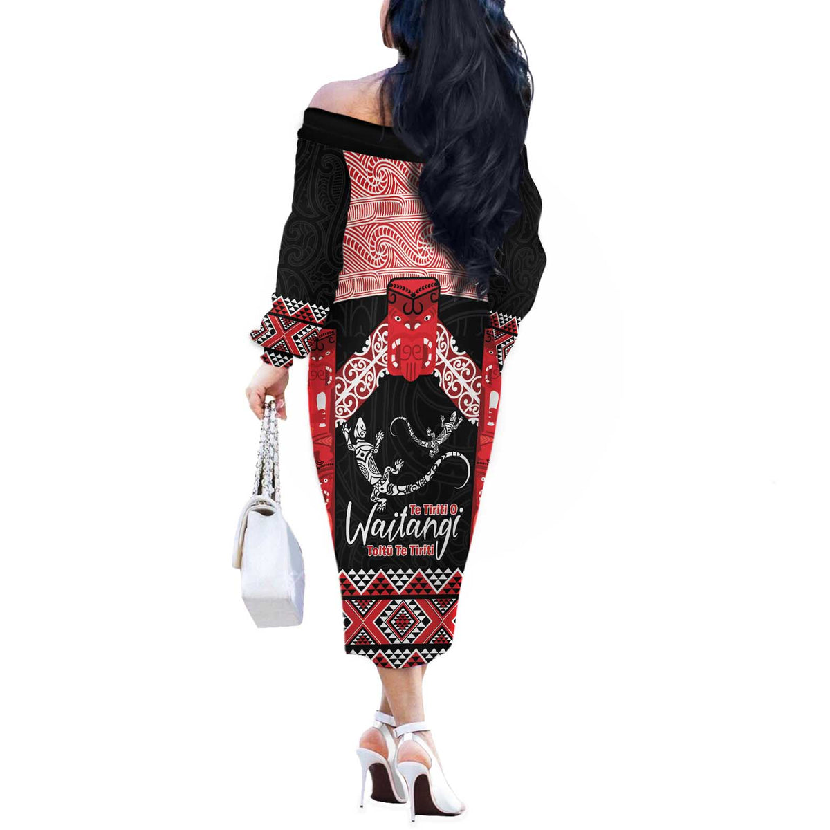 Toitu Te Tiriti O Waitangi Off The Shoulder Long Sleeve Dress Maori Wharenui With Taniko Motifs LT14 - Polynesian Pride