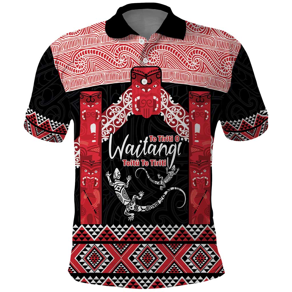 Toitu Te Tiriti O Waitangi Polo Shirt Maori Wharenui With Taniko Motifs LT14 Red - Polynesian Pride