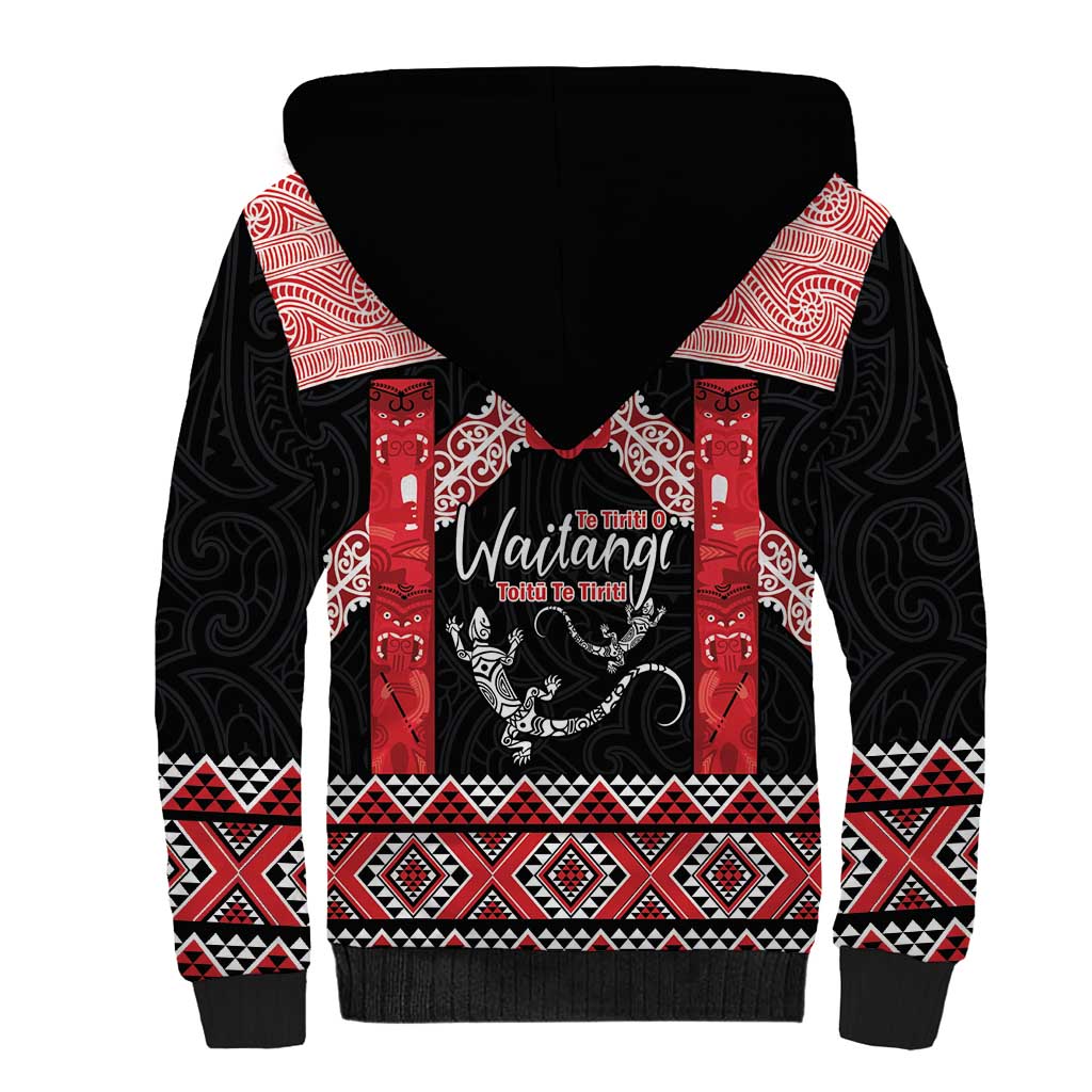 Toitu Te Tiriti O Waitangi Sherpa Hoodie Maori Wharenui With Taniko Motifs LT14 - Polynesian Pride