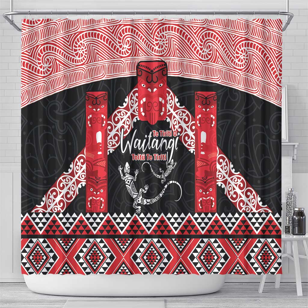 Toitu Te Tiriti O Waitangi Shower Curtain Maori Wharenui With Taniko Motifs LT14 - Polynesian Pride
