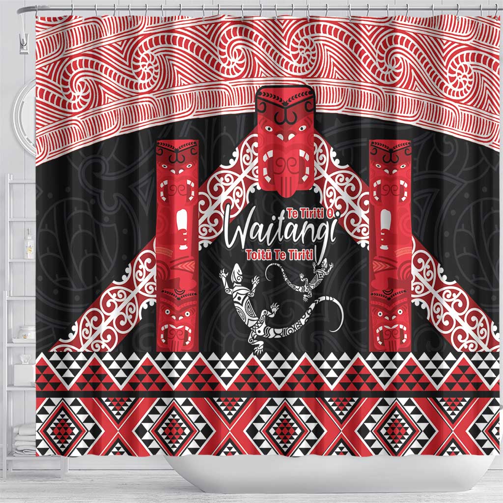 Toitu Te Tiriti O Waitangi Shower Curtain Maori Wharenui With Taniko Motifs LT14 - Polynesian Pride