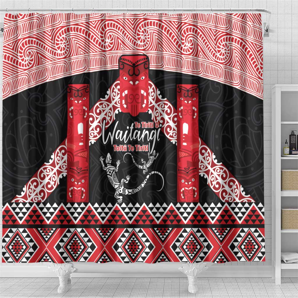 Toitu Te Tiriti O Waitangi Shower Curtain Maori Wharenui With Taniko Motifs LT14 - Polynesian Pride