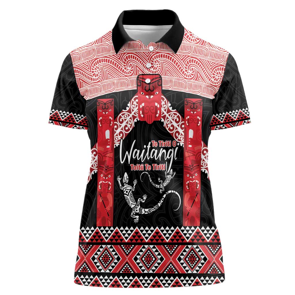 Toitu Te Tiriti O Waitangi Women Polo Shirt Maori Wharenui With Taniko Motifs LT14 Female Red - Polynesian Pride