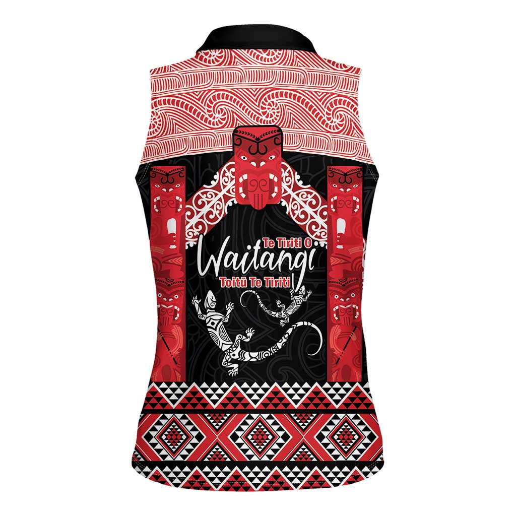 Toitu Te Tiriti O Waitangi Women Sleeveless Polo Shirt Maori Wharenui With Taniko Motifs LT14 - Polynesian Pride