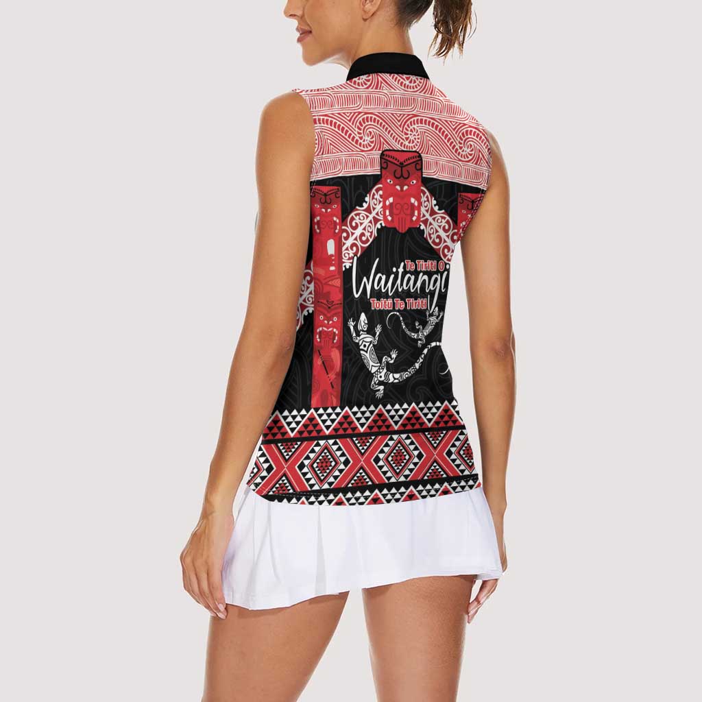 Toitu Te Tiriti O Waitangi Women Sleeveless Polo Shirt Maori Wharenui With Taniko Motifs LT14 - Polynesian Pride