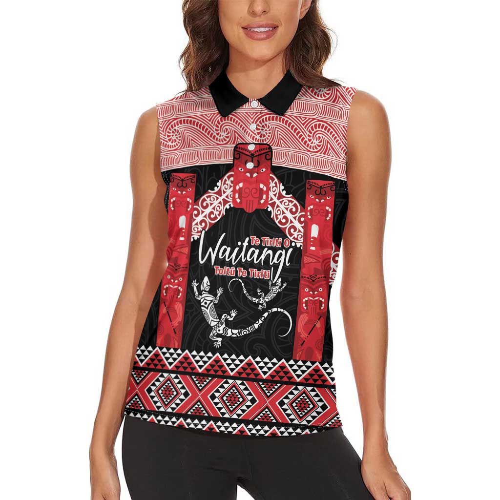 Toitu Te Tiriti O Waitangi Women Sleeveless Polo Shirt Maori Wharenui With Taniko Motifs LT14 - Polynesian Pride