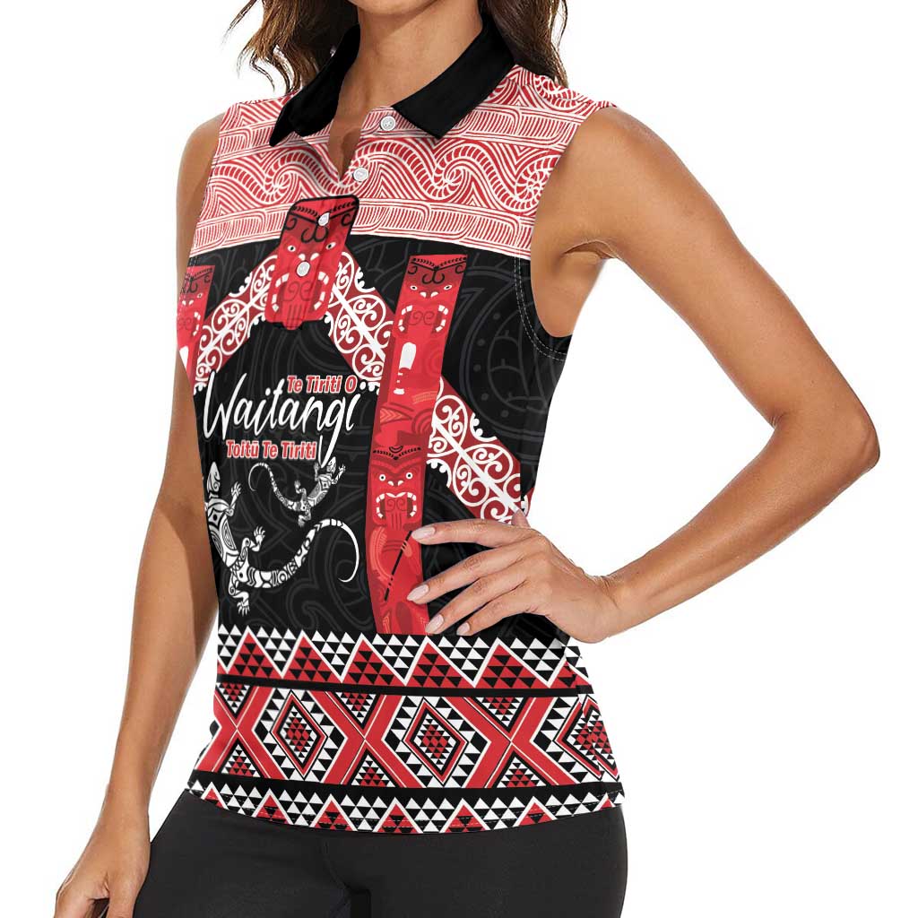 Toitu Te Tiriti O Waitangi Women Sleeveless Polo Shirt Maori Wharenui With Taniko Motifs LT14 - Polynesian Pride