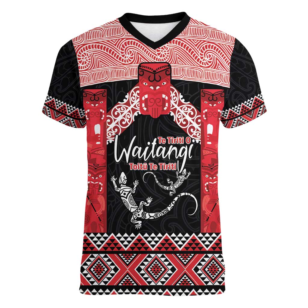 Toitu Te Tiriti O Waitangi Women V-Neck T-Shirt Maori Wharenui With Taniko Motifs LT14 Female Red - Polynesian Pride
