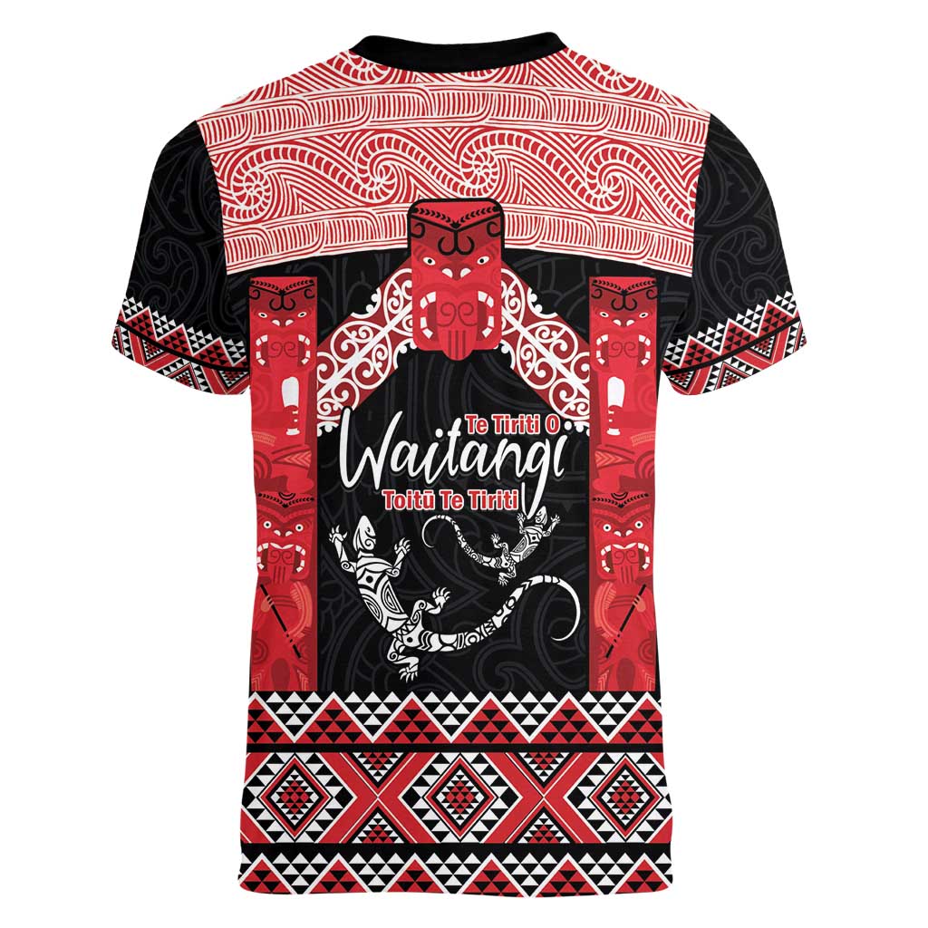 Toitu Te Tiriti O Waitangi Women V-Neck T-Shirt Maori Wharenui With Taniko Motifs LT14 - Polynesian Pride
