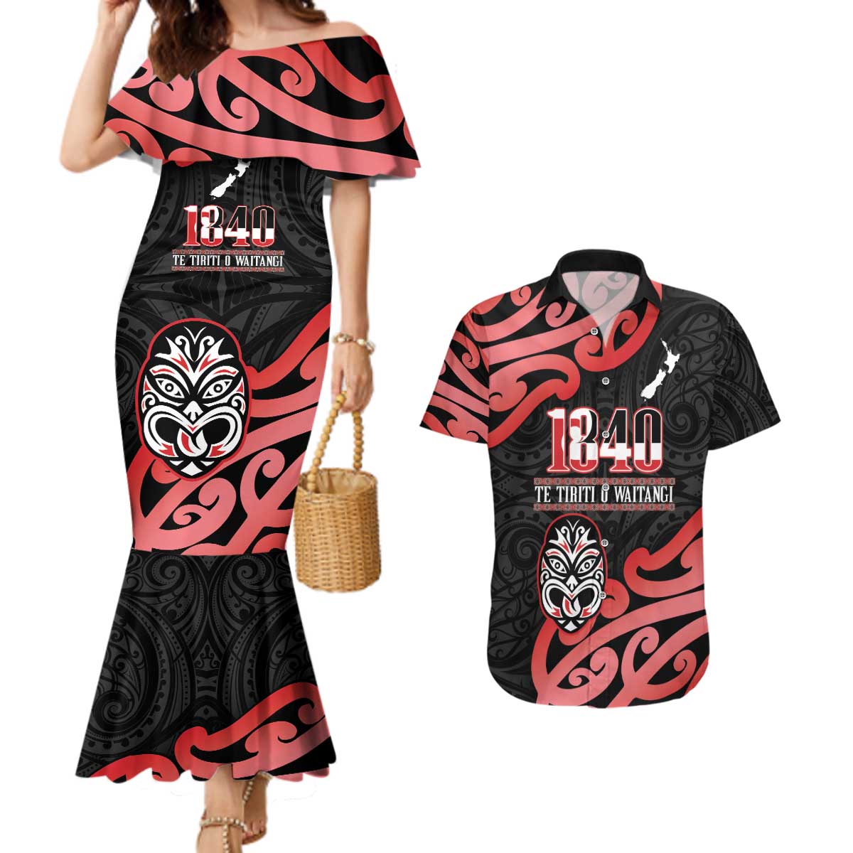 New Zealand 1840 Waitangi Day Couples Matching Mermaid Dress and Hawaiian Shirt Aotearoa Haka Mask - Red Version LT14 Red - Polynesian Pride