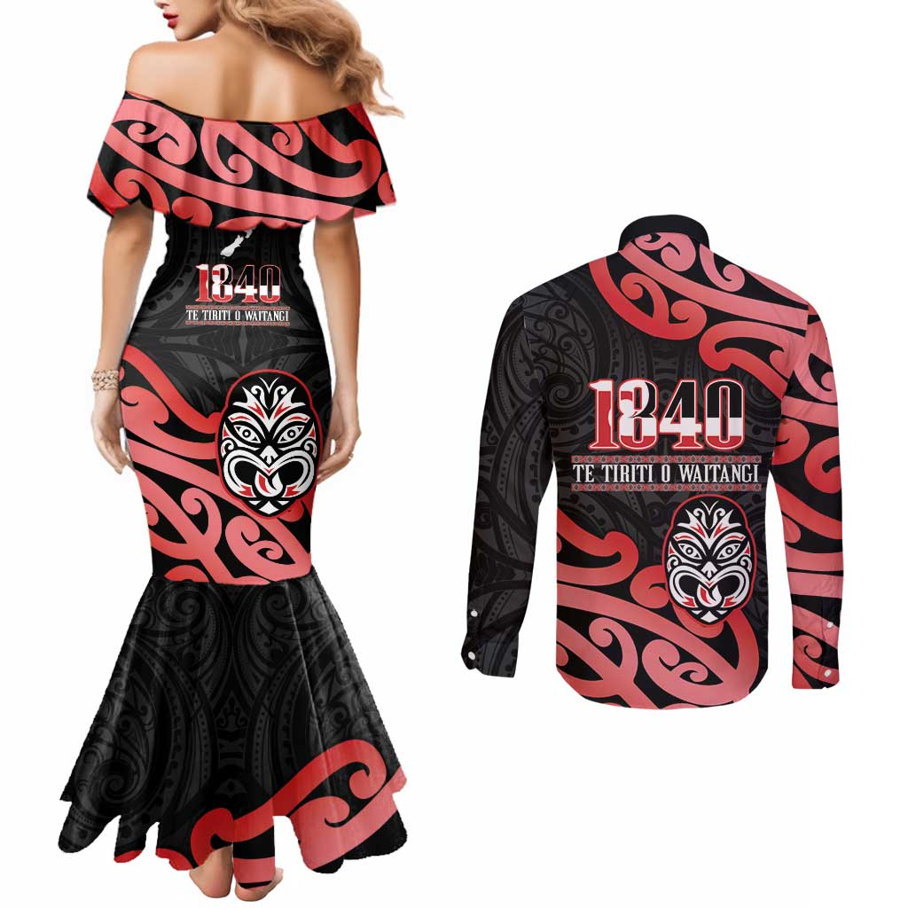 New Zealand 1840 Waitangi Day Couples Matching Mermaid Dress and Long Sleeve Button Shirt Aotearoa Haka Mask - Red Version LT14 - Polynesian Pride
