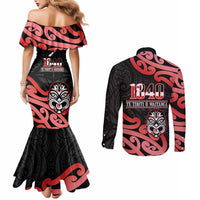 New Zealand 1840 Waitangi Day Couples Matching Mermaid Dress and Long Sleeve Button Shirt Aotearoa Haka Mask - Red Version LT14 - Polynesian Pride