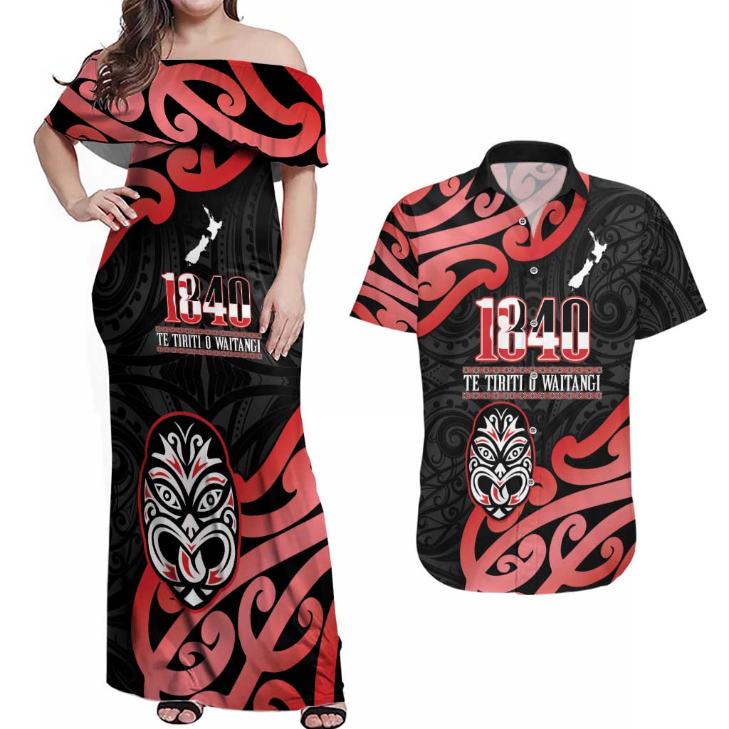 New Zealand 1840 Waitangi Day Couples Matching Off Shoulder Maxi Dress and Hawaiian Shirt Aotearoa Haka Mask - Red Version LT14 Red - Polynesian Pride