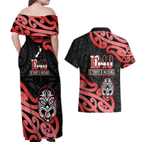 New Zealand 1840 Waitangi Day Couples Matching Off Shoulder Maxi Dress and Hawaiian Shirt Aotearoa Haka Mask - Red Version LT14 - Polynesian Pride