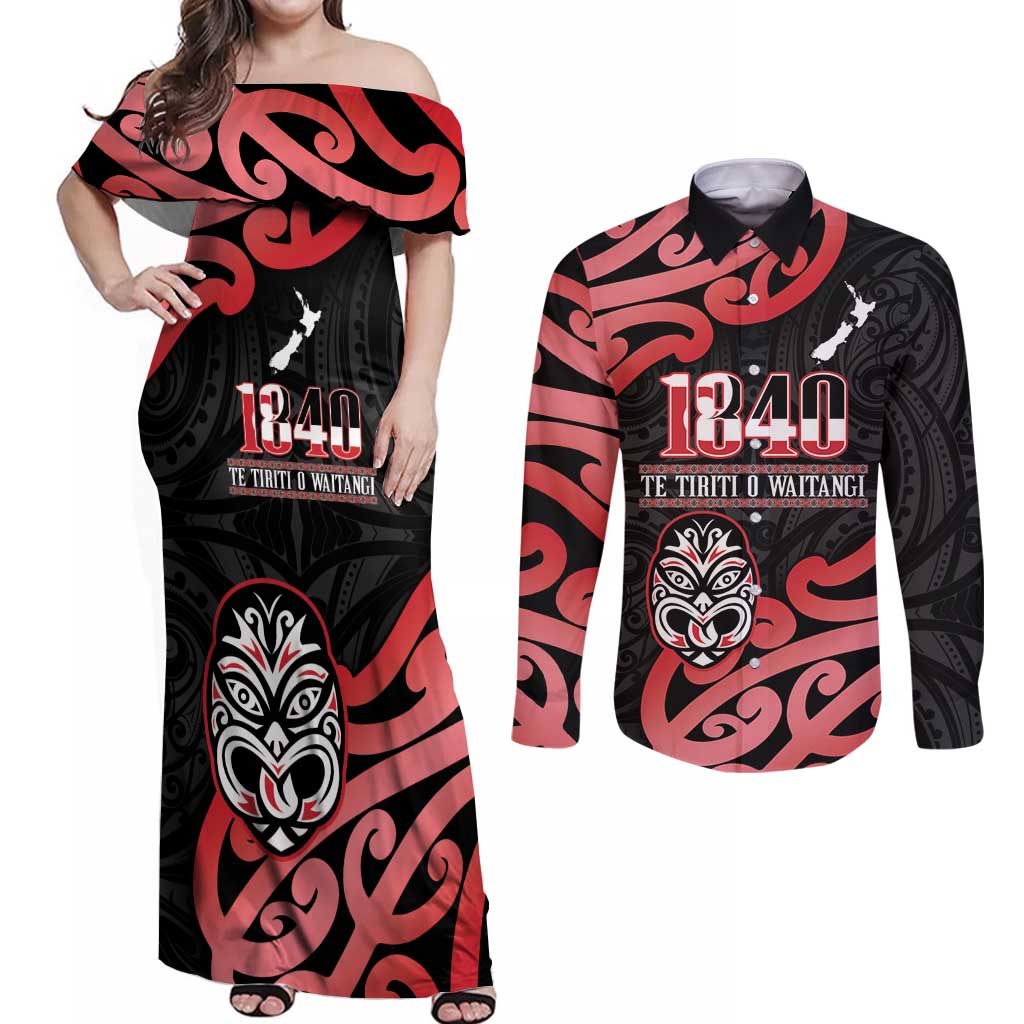 New Zealand 1840 Waitangi Day Couples Matching Off Shoulder Maxi Dress and Long Sleeve Button Shirt Aotearoa Haka Mask - Red Version LT14 Red - Polynesian Pride