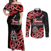 New Zealand 1840 Waitangi Day Couples Matching Off Shoulder Maxi Dress and Long Sleeve Button Shirt Aotearoa Haka Mask - Red Version LT14 Red - Polynesian Pride