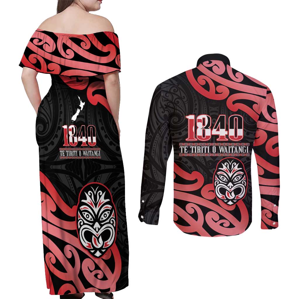 New Zealand 1840 Waitangi Day Couples Matching Off Shoulder Maxi Dress and Long Sleeve Button Shirt Aotearoa Haka Mask - Red Version LT14 - Polynesian Pride