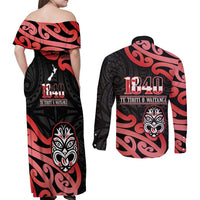 New Zealand 1840 Waitangi Day Couples Matching Off Shoulder Maxi Dress and Long Sleeve Button Shirt Aotearoa Haka Mask - Red Version LT14 - Polynesian Pride