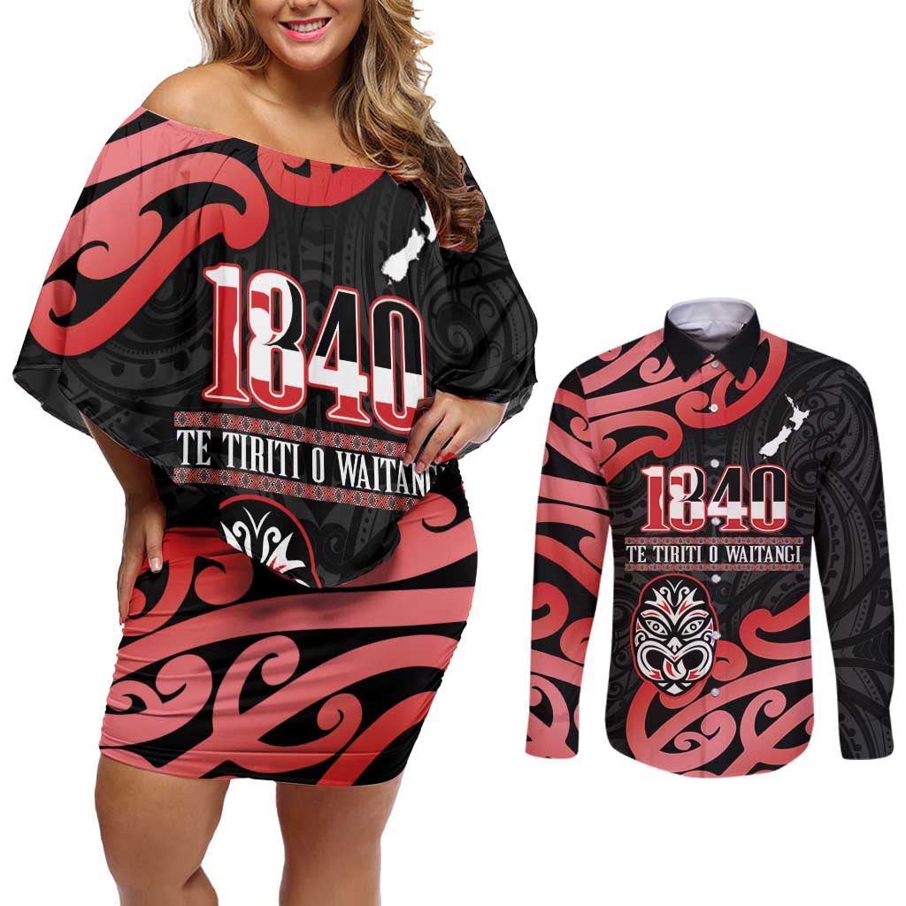 New Zealand 1840 Waitangi Day Couples Matching Off Shoulder Short Dress and Long Sleeve Button Shirt Aotearoa Haka Mask - Red Version LT14 Red - Polynesian Pride