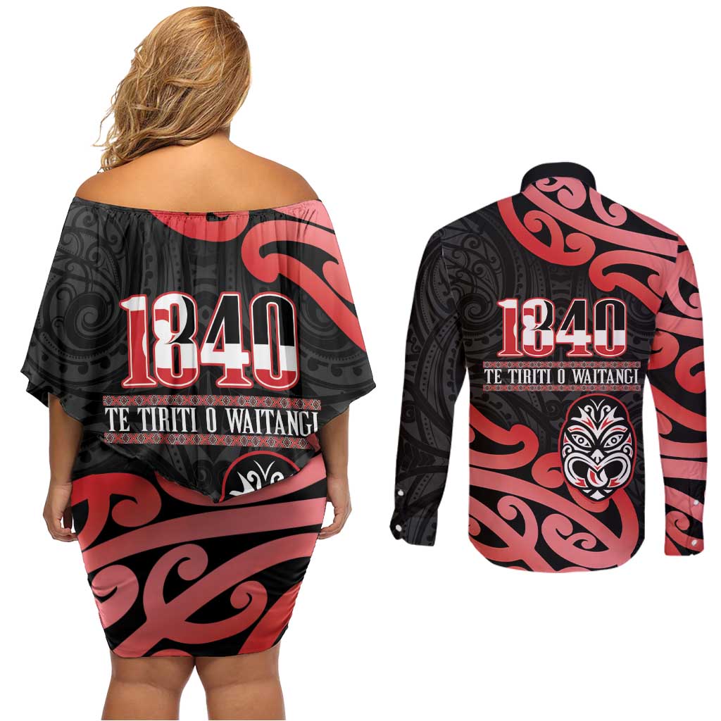 New Zealand 1840 Waitangi Day Couples Matching Off Shoulder Short Dress and Long Sleeve Button Shirt Aotearoa Haka Mask - Red Version LT14 - Polynesian Pride