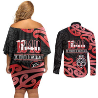 New Zealand 1840 Waitangi Day Couples Matching Off Shoulder Short Dress and Long Sleeve Button Shirt Aotearoa Haka Mask - Red Version LT14 - Polynesian Pride