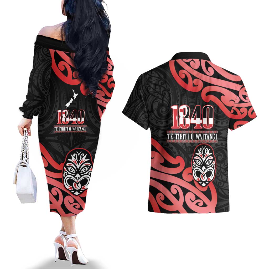 New Zealand 1840 Waitangi Day Couples Matching Off The Shoulder Long Sleeve Dress and Hawaiian Shirt Aotearoa Haka Mask - Red Version LT14 - Polynesian Pride