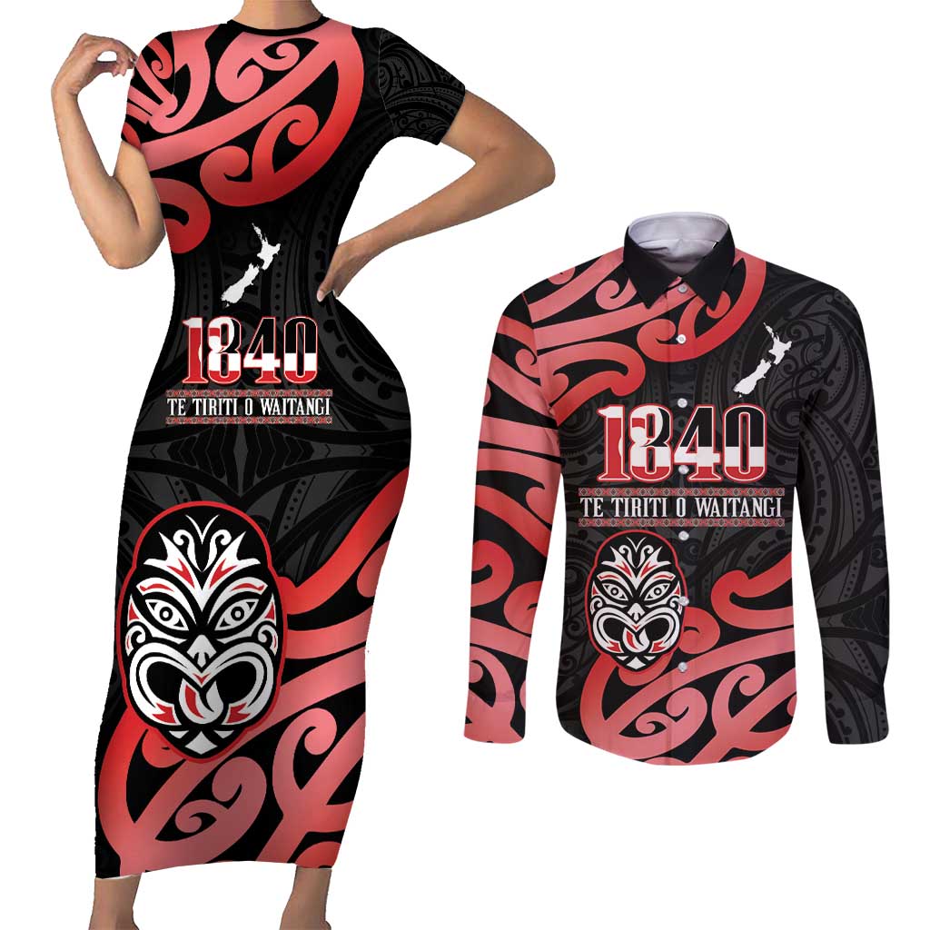 New Zealand 1840 Waitangi Day Couples Matching Short Sleeve Bodycon Dress and Long Sleeve Button Shirt Aotearoa Haka Mask - Red Version LT14 Red - Polynesian Pride