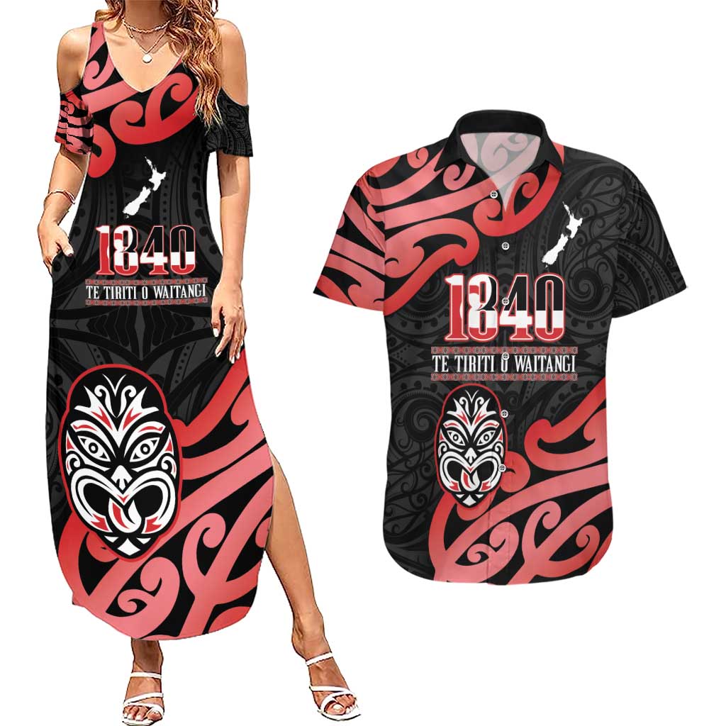 New Zealand 1840 Waitangi Day Couples Matching Summer Maxi Dress and Hawaiian Shirt Aotearoa Haka Mask - Red Version LT14 Red - Polynesian Pride