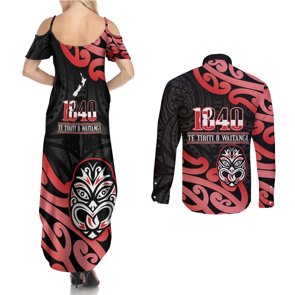 New Zealand 1840 Waitangi Day Couples Matching Summer Maxi Dress and Long Sleeve Button Shirt Aotearoa Haka Mask - Red Version LT14 - Polynesian Pride