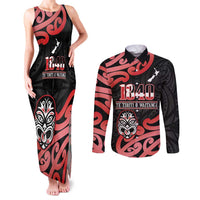 New Zealand 1840 Waitangi Day Couples Matching Tank Maxi Dress and Long Sleeve Button Shirt Aotearoa Haka Mask - Red Version LT14 Red - Polynesian Pride