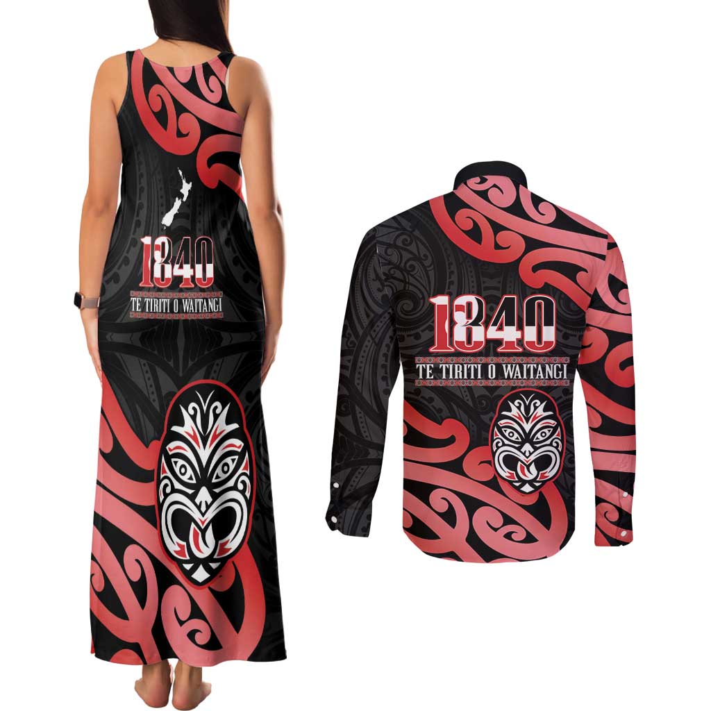 New Zealand 1840 Waitangi Day Couples Matching Tank Maxi Dress and Long Sleeve Button Shirt Aotearoa Haka Mask - Red Version LT14 - Polynesian Pride