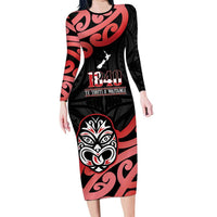 New Zealand 1840 Waitangi Day Family Matching Long Sleeve Bodycon Dress and Hawaiian Shirt Aotearoa Haka Mask - Red Version LT14 Mom's Dress Red - Polynesian Pride