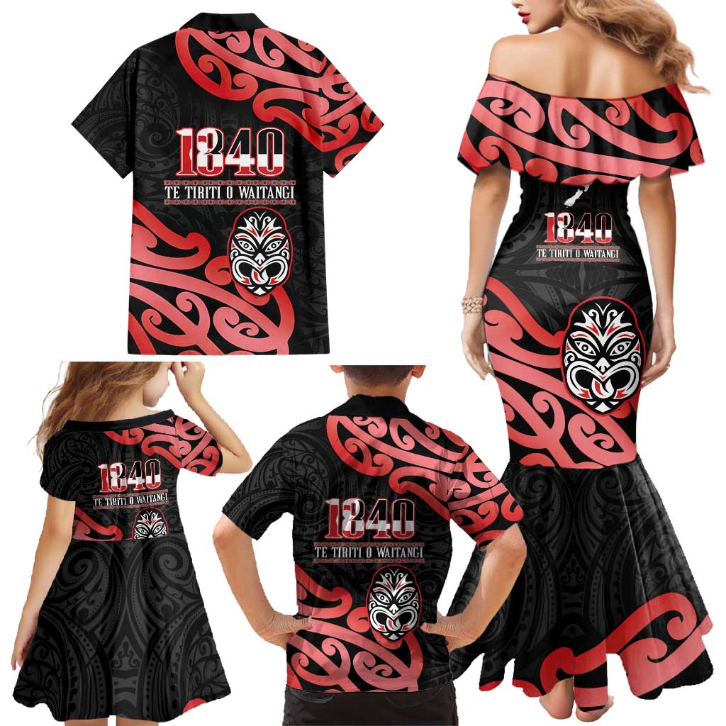 New Zealand 1840 Waitangi Day Family Matching Mermaid Dress and Hawaiian Shirt Aotearoa Haka Mask - Red Version LT14 - Polynesian Pride