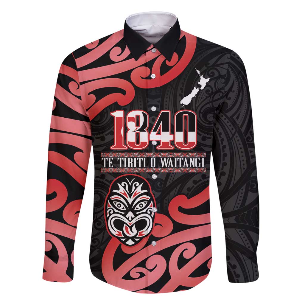 New Zealand 1840 Waitangi Day Family Matching Mermaid Dress and Hawaiian Shirt Aotearoa Haka Mask - Red Version LT14 Dad's Shirt - Long Sleeve Red - Polynesian Pride