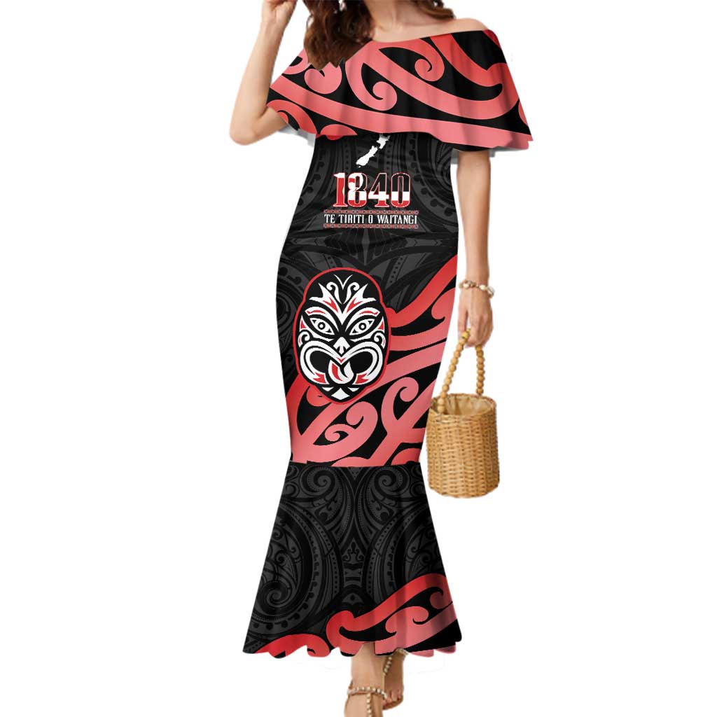 New Zealand 1840 Waitangi Day Family Matching Mermaid Dress and Hawaiian Shirt Aotearoa Haka Mask - Red Version LT14 Mom's Dress Red - Polynesian Pride