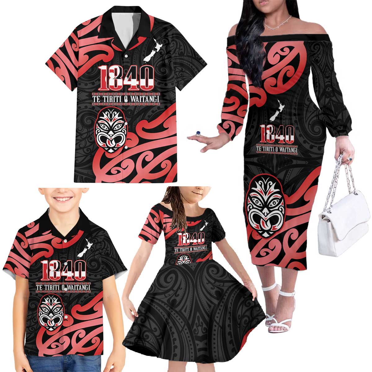 New Zealand 1840 Waitangi Day Family Matching Off The Shoulder Long Sleeve Dress and Hawaiian Shirt Aotearoa Haka Mask - Red Version LT14 - Polynesian Pride